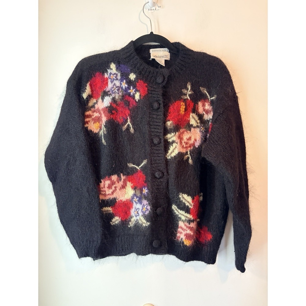 Vintage Lydia Lane‎ Ltd Hand Knit Mohair Cardigan Black Floral Sweater Womens L